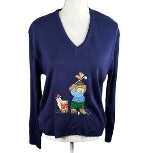 Women's Vintage Navy Blue Golfing Bears V-Neck Sweater Embroidered Design Sz XL